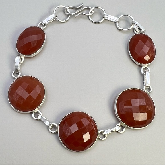 New Checkerboard Faceted Carnelian Crystal Stone Silver Overlay Bracelet 7” 7.5” - Picture 2 of 7